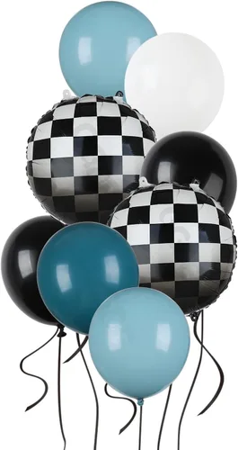 Paquete de Globos de Coche de Carreras Globos a Cuadros Azules y Negros de Látex para Niños Un Feliz Primero, Segundo, Vintage, Dos, Rápidos, Un