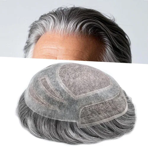 Miniatura 35 de Sistema de repuesto de piezas de cabello humano tipo tupé para hombre, transpirable, encaje francés, peluca para hombre, peluca de piel de #1B Negro