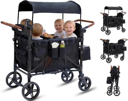 Miniatura 11 de Cochecito para 4 niños, cochecito de 4 plazas con 4 asientos altos con arneses de 5 puntos y toldo ajustable, cochecito plegable de doble barra