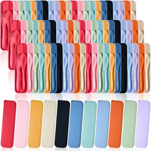 Miniatura 11 de Yahenda 28 Juegos de Utensilios de Viaje Reutilizables con Estuche, Cubiertos de Paja de Trigo Portátiles, Cuchara Cuchillo Tenedor, Vajilla