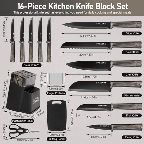Miniatura 2 de Juego de Cuchillos de Cocina de 16 Piezas con Bloque y Tabla de Cortar - Cuchillos Alemanes de Acero Inoxidable, Afilador Integrado, Apto para Negro