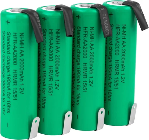 Combo: 4 piezas Tenergy 2000mAh NiMH recargable AA batería plana superior con pestañas para afeitadoras, recortadoras, maquinillas de afeitar y más