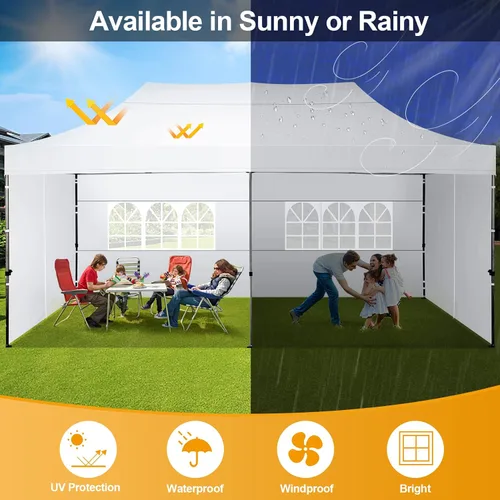 Miniatura 7 de COBIZI 10x20 Toldo emergente con 6 paredes laterales, toldo resistente UPF 50+ para todas las estaciones, resistente al viento, impermeable, Blanco