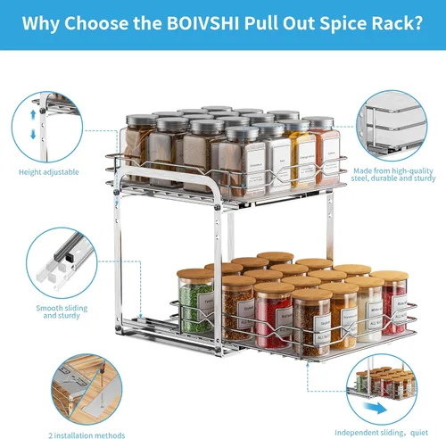 Miniatura 6 de BOIVSHI Estante de especias extraíble, organización de especias de 2 niveles para gabinete, estante de especias resistente, 9-1/4 pulgadas de ancho