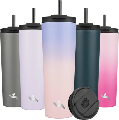 Miniatura 41 de Konokyo Vaso aislado de 18 onzas con tapa y 2 pajillas, botella de agua de acero inoxidable, taza de viaje al vacío, taza de café, color blanco ángel