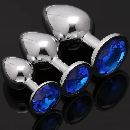 Miniatura 2 de AKStore 3 tapones anales fetiches de acero inoxidable con diseño de joyas lujosas para fantasías sexuales de bondage, tamaños grande, mediano y Azul
