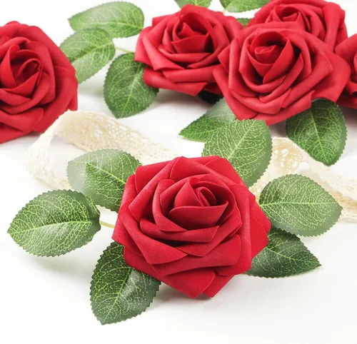 Miniatura 2 de Mocoosy 50 rosas artificiales a granel, rosas falsas de espuma de aspecto real con tallos a granel, ramo de boda, arreglo floral, centros de mesa