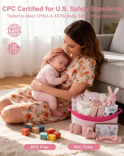 Miniatura 3 de Juego de 22 cestas de regalo para niña, rosa (recién nacido de 0 a 12 meses) Regalos premium para baby shower para niñas: juego de artículos