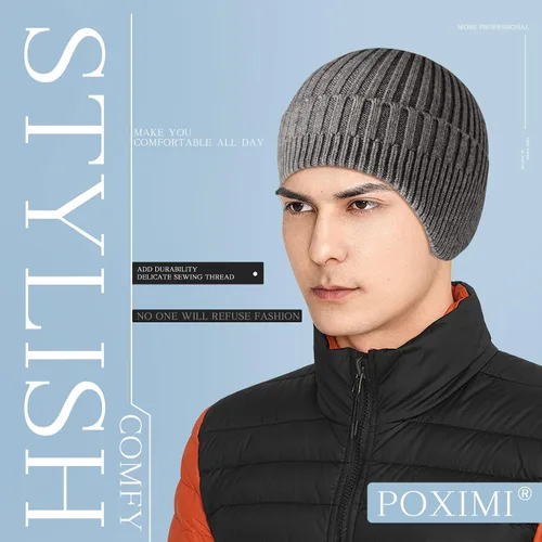 Miniatura 5 de POXIMI Gorro de punto para hombre, con orejera, para invierno, de lana, cálido, con calavera, con calentador de orejas