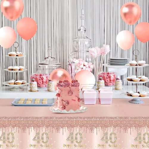 Miniatura 6 de 3 paquetes de mantel de cumpleaños número 40 rosa y dorado - mantel desechable de plástico rectangular para fiesta