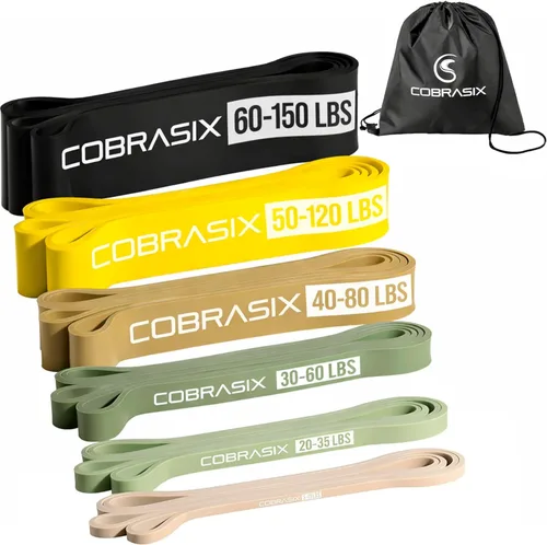 COBRASIX Long Resistance Bands for Working Out | Set of 6 Exercise Bands for Full-Body Training | Pull Up Bands for Home Gym with Handles, Door