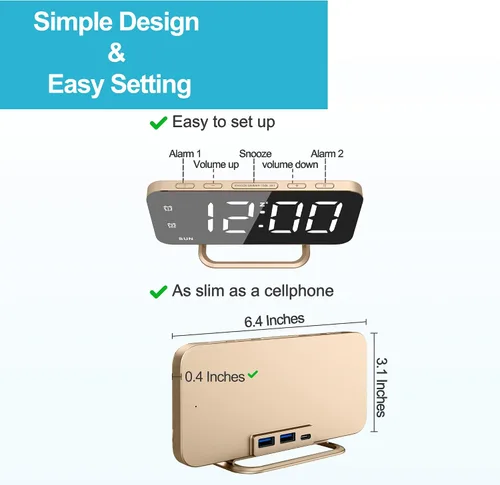 Miniatura 2 de Reloj de alarma digital LED delgado, superficie de espejo para maquillaje, con atenuación, pantalla grande, configuración fácil, puertos USB