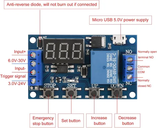 Miniatura 6 de 2 unids 5V Micro USB temporizador relé DC 6-30V ciclo programable retardo temporizador módulo interruptor con pantalla LED digital