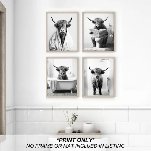Miniatura 5 de heilkee Decoración de baño de vaca de las tierras altas en blanco y negro, divertido arte de pared de animales para baño, decoración moderna