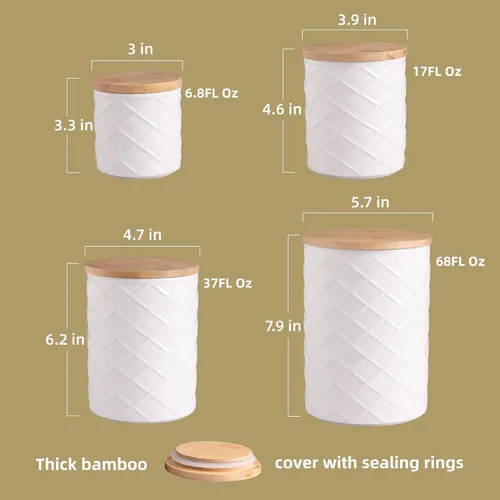 Miniatura 5 de Sweejar Juego de recipientes de cerámica para encimera de cocina, tarro de almacenamiento de alimentos en relieve con tapa de bambú, recipiente