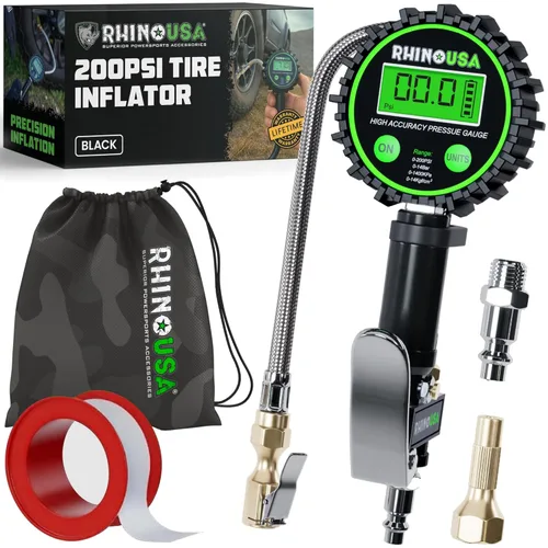 Miniatura 8 de Rhino USA Inflador de neumáticos con manómetro (0-100 PSI) – ANSI B40.1 preciso, esfera brillante grande de 2 pulgadas de fácil lectura, manguera