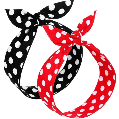 Miniatura 10 de Hicarer 2 diademas de lunares para mujer, bandana retro, diadema vintage con alambre con lazo torcido, traje de los años 50, diadema para disfraz