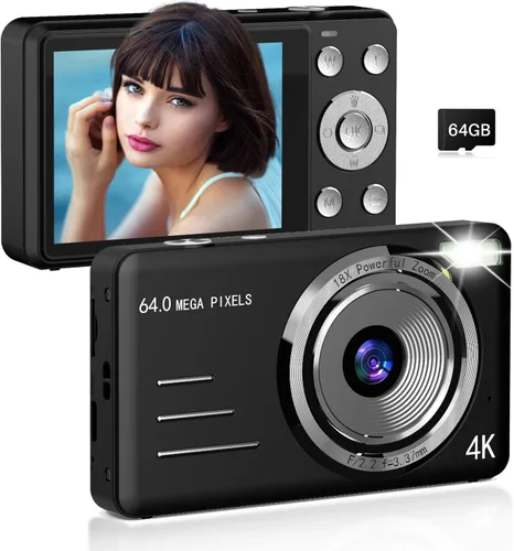 Forc Cámara digital, FHD 4K 64MP apunta y dispara, cámaras digitales para niños con tarjeta de 64 GB, zoom 18X, antivibraciones, cámara pequeña Negro