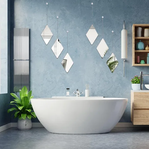 Miniatura 5 de Juego de 6 espejos de decoración de pared con 2 destornilladores, espejo de pared colgante de diamante con cadena y marco plateado, espejo de cadena