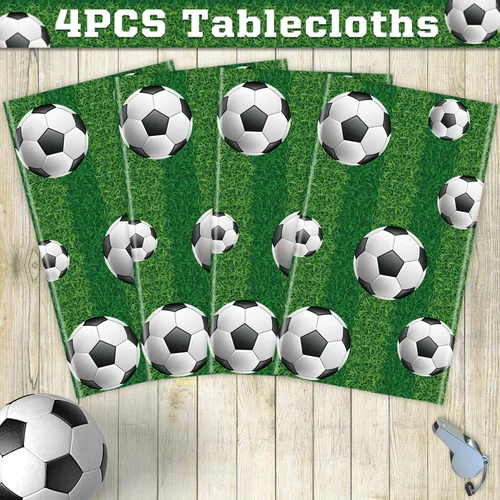 Miniatura 6 de Paquete de 4 manteles para fiesta de fútbol, manteles deportivos rectangulares de plástico, fundas de mesa para fiestas temáticas deportivas