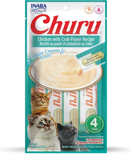 INABA Churu - Golosinas naturales para gatos, puré para lamer (receta de pollo con cangrejo, 4 tubos)