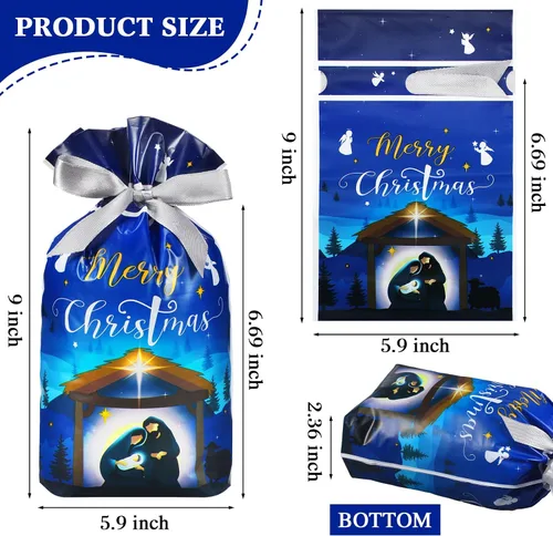 Miniatura 2 de Funrous 50 piezas de bolsas de regalo de Natividad - Bolsas de Navidad con cordón de plástico con lazos para regalos religiosos, Navidad, presentes