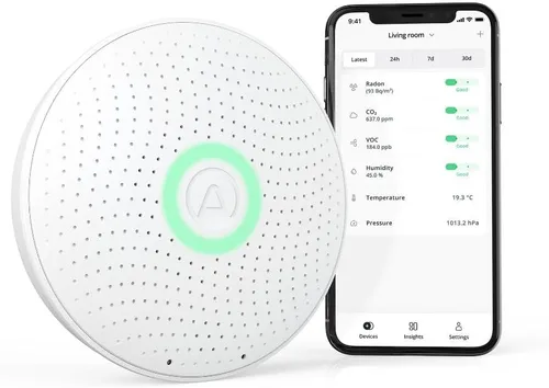 Airthings 2930 Wave Plus - Monitor de radón y calidad del aire, funciona con pilas (CO2, COV, humedad, temperatura, presión)