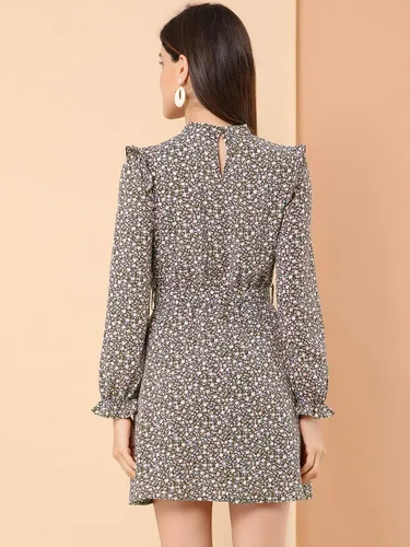 Miniatura 5 de Allegra K Vestido floral vintage con cuello alto y cinturón para mujer
