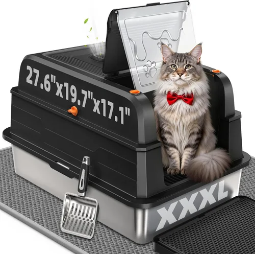 CATLIKE XXXL - Caja de arena de acero inoxidable para gatos, 3 capas de orina a prueba de fugas, diseño cerrado con filtro de carbón para Maine Coon