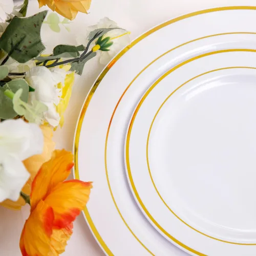 Miniatura 5 de NOCCUR 700 platos de plástico dorados, juego de vajilla desechable dorada para 100 personas, incluye 200 platos de cena/postre, 300 cubiertos, 100