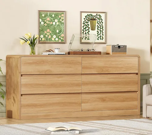 Miniatura 5 de TEENFON 55" Dresser for Bedroom with 6 Drawers, Dressers & Chests of Drawers with Curved Profile Design, 6 Drawer Dresser, Bedroom Dressers, Wood