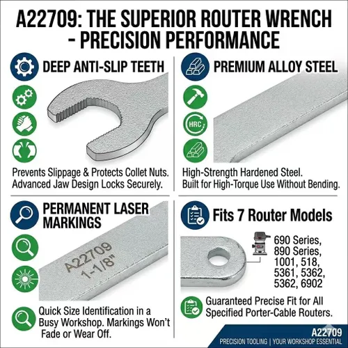 Miniatura 3 de Llave de repuesto para enrutador A22709 para Porter-Cable Extremo abierto de 1-1/8 pulgadas Compatible con enrutadores serie 690, 890, 1001