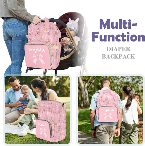 Miniatura 6 de Mochila de pañales personalizada con lazo con nombre, gran capacidad, multifuncional, bolsa de mamá, impermeable, elegante bolsa de lactancia Arco 05