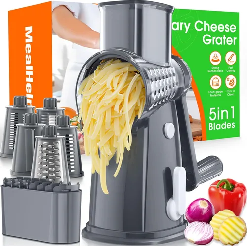 MealHelper Rallador de queso rotativo de 5 cuchillas con manivela manual y caja de almacenamiento, picador de verduras, triturador de queso para Gris