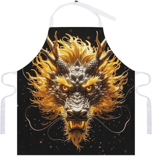 Miniatura 7 de MUSM Apron for Adults - 27.6 X 31.5 Inch, Heavy-Duty Polyester Aprons with Two Large Pockets, Waterproof Golden Dragon Head Kitchen Apron for