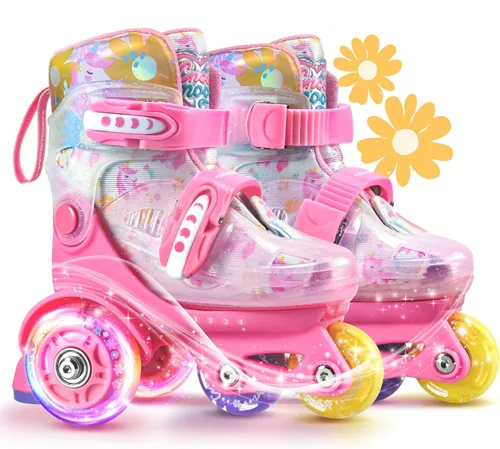 Patines de unicornio para niños pequeños, patines de entrenamiento para niños con triple protección de seguridad, patines de 4 tamaños ajustables,