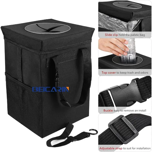 Miniatura 6 de Cubo de basura para automóvil con tapa - Bolsa de basura colgante con bolsillos de almacenamiento a prueba de fugas, organizador de SUV plegable