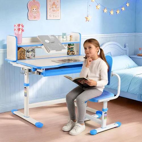 Miniatura 9 de Artist hand Kids Study Desk and Chair Set Height Adjustable Children School Table Large Writing Board Desk with LED Lamp Pull Out Drawer Pencil Case