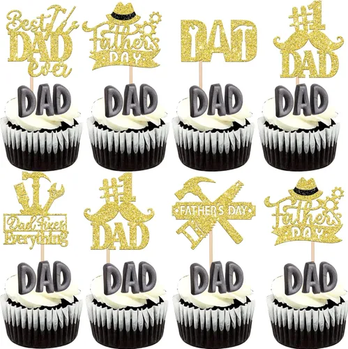 Miniatura 23 de Paquete de 24 adornos para cupcakes con purpurina para el Día del Padre, con purpurina para el mejor papá del mundo, sombrero de bigote #1