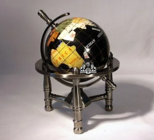 Globo de piedra preciosa de ónix negro de 6 pulgadas de alto con trípode plateado