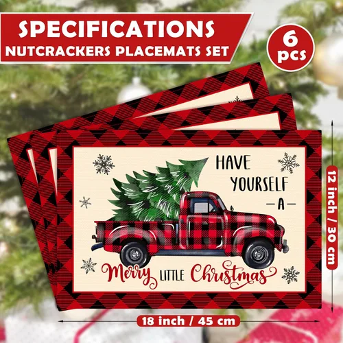 Miniatura 2 de Juego de 6 manteles individuales de Navidad, manteles de mesa a cuadros de búfalo para Navidad Feliz, tapete de cocina para mesa de comedor, tapete