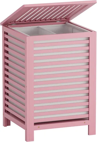 Miniatura 12 de SMIBUY Cesta de lavandería doble con tapa, cesta de lavandería de bambú de 120L con bolsa interior extraíble, clasificador de ropa de 2 secciones