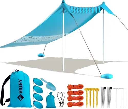 Villey Tienda de campaña de playa con protección UPF50+, parasol portátil de 8 x 7 pies con 2 postes de estabilidad, 8 clavijas de tierra, 4 sacos