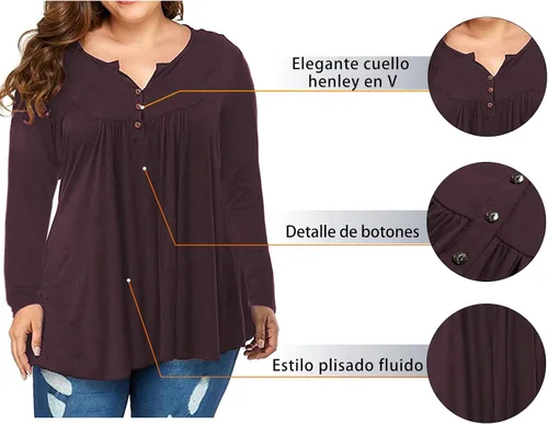 Miniatura 3 de VISLILY - Camisas Henley de manga larga con botones para mujer, talla extragrande, blusas plisadas tipo túnicas