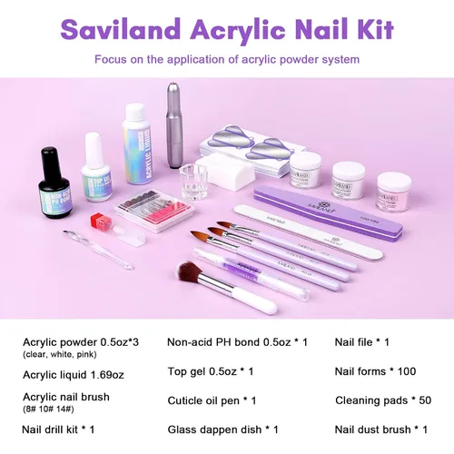 Miniatura 2 de Kit de uñas acrílicas SAVILAND con taladro: juego profesional de polvo acrílico de 0.5Oz transparente/blanco/rosa y líquido de 50ml con taladro