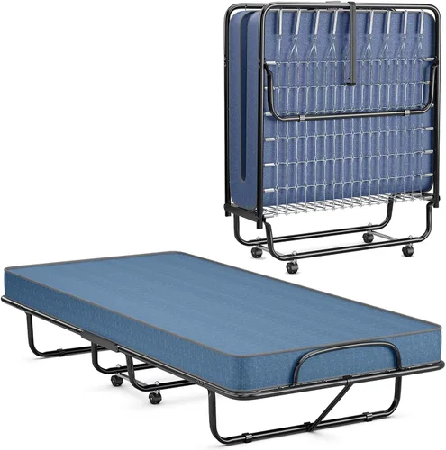 Miniatura 14 de HAPPYGRILL Cama enrollable, cama plegable con colchón de espuma viscoelástica de 5 pulgadas, marco de acero resistente, 4 ruedas universales, cama