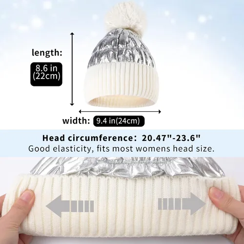 Miniatura 4 de Muryobao Gorro de invierno para mujer con forro polar brillante metálico con puños con diseño de calavera