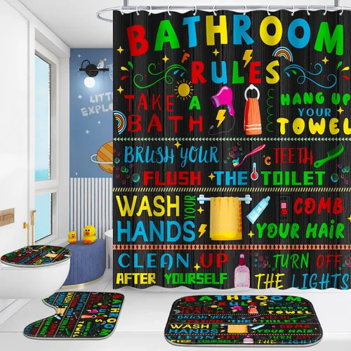 Miniatura 9 de Poedist Juego de 4 cortinas de ducha de baño, juego de baño para niños, juegos de cortinas de ducha espaciales con alfombras