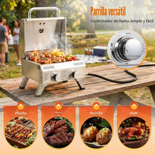Miniatura 5 de ROVSUN Parrilla de gas portátil de 2 quemadores, 20000 BTU para exteriores, parrilla de propano con encendido, termómetro integrado y cuerpo