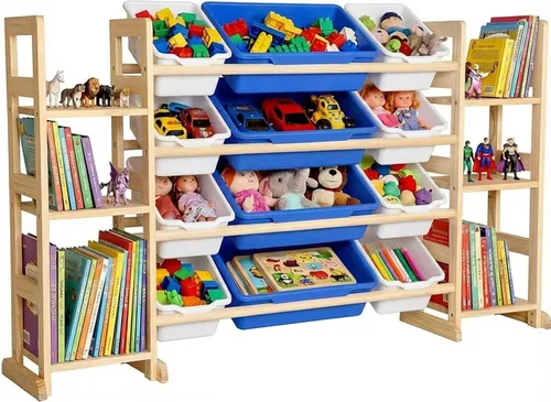 Amdermi Organizador de almacenamiento de juguetes para niños, 51 pulgadas de ancho, estantería blanca con 6 estantes con 12 contenedores, unidad de